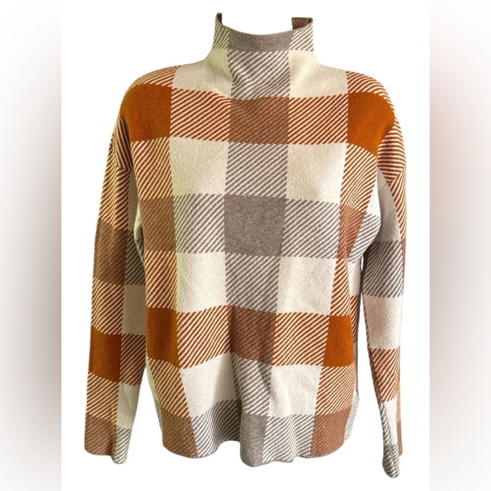 Tahari Plaid TurtleNeck Sweater - Orange, Brown, Cream Super Soft Long Sleeve
